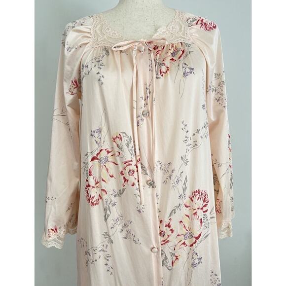 Vtg JCPenney Nylon Antron Peach Floral Full Length Gown Robe Made in USA Sz XS - Picture 3 of 10